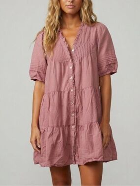 SEA New York Dusty Rose Cotton Tiered Button Front Mini Dress XS 8756
